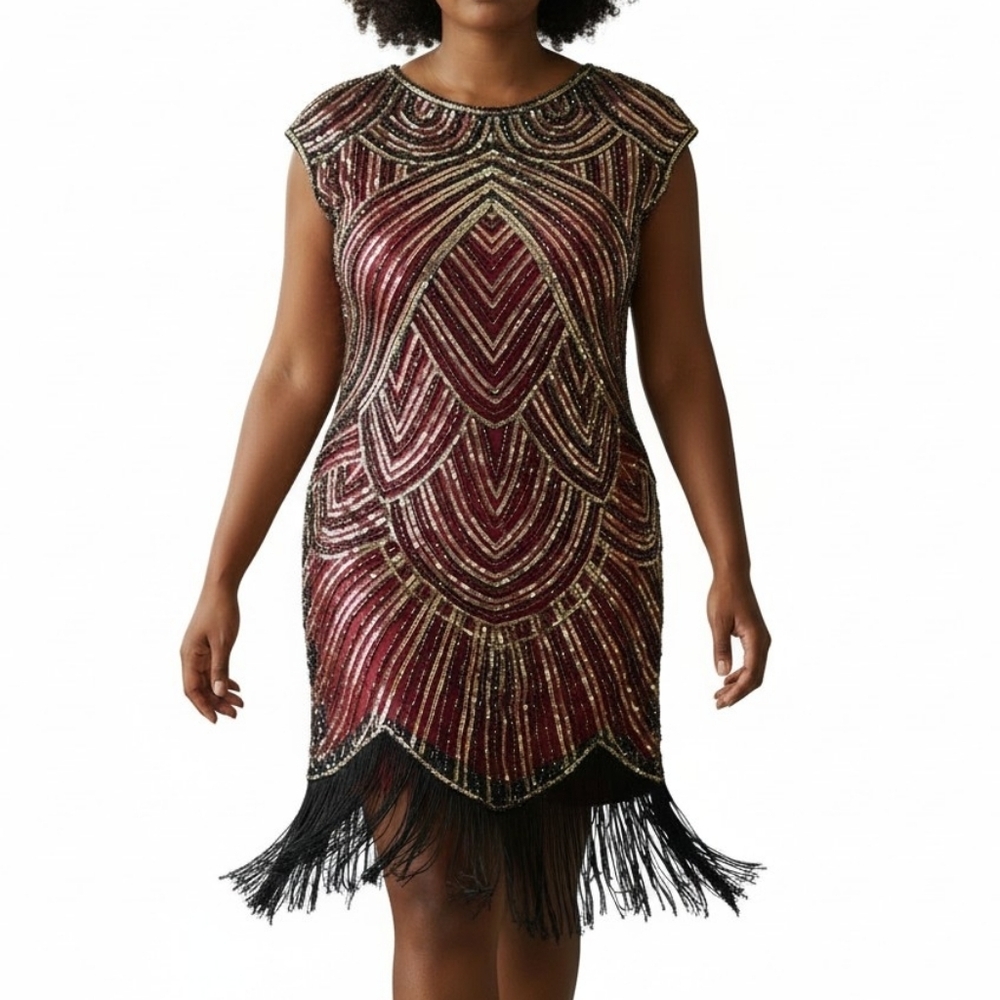 Fundaisy Dress Plus Size 3XL Red Black Mesh Gold Sequins Fringe Gatsby Flapper